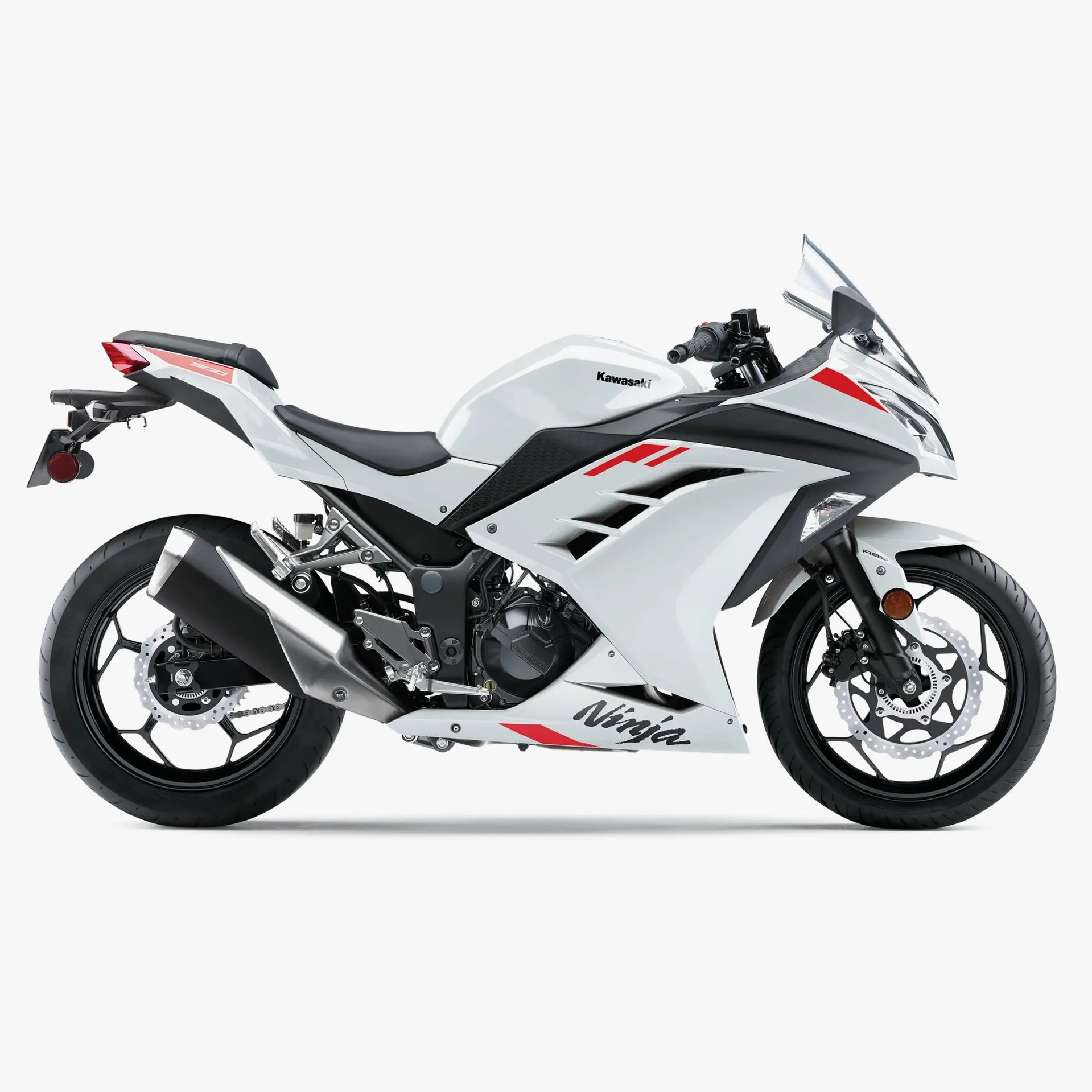 White Kawasaki Ninja 300 sport motorcycle with black and red accents, visible exhaust and disc brakes.