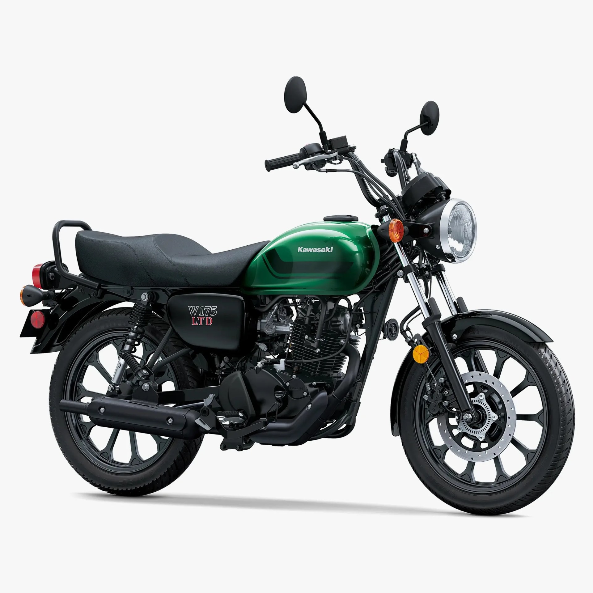 Green Kawasaki W175 LTD motorcycle with black seat, black exhaust, and round headlight on a white background.
