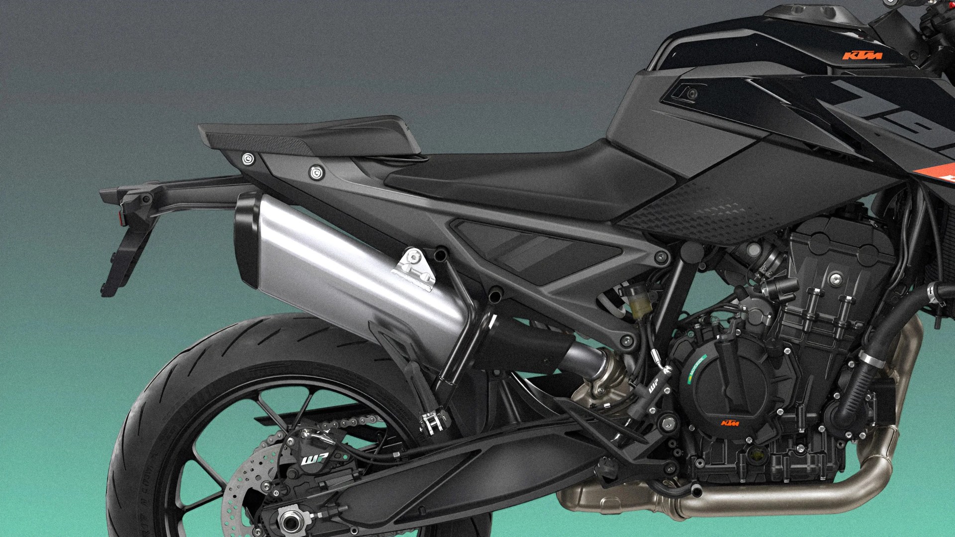 Close-up of the rear and middle section of a black KTM motorcycle showing the exhaust, seat, rear wheel, and engine components.