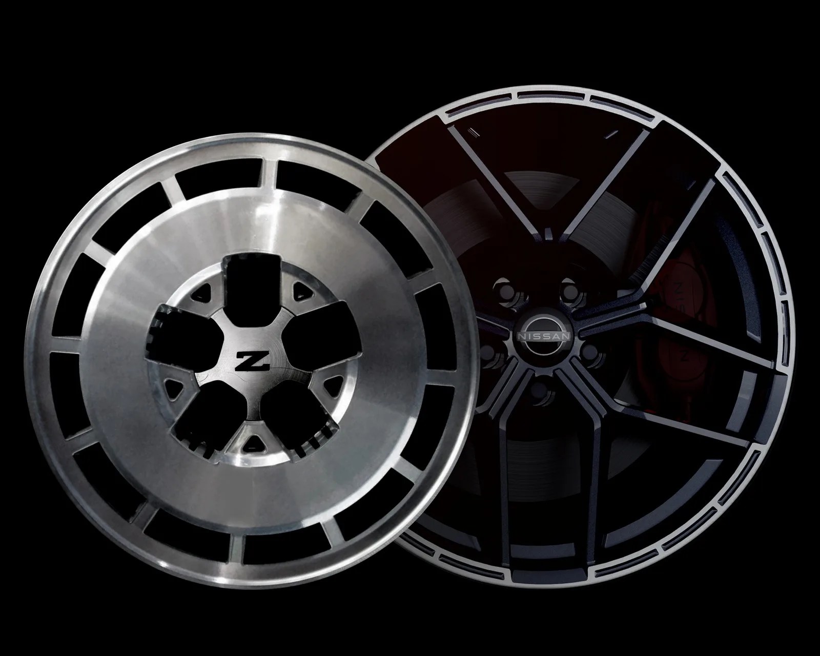 Two Nissan car wheels, one silver with a "Z" emblem and one black with a "Nissan" emblem, on a black background.