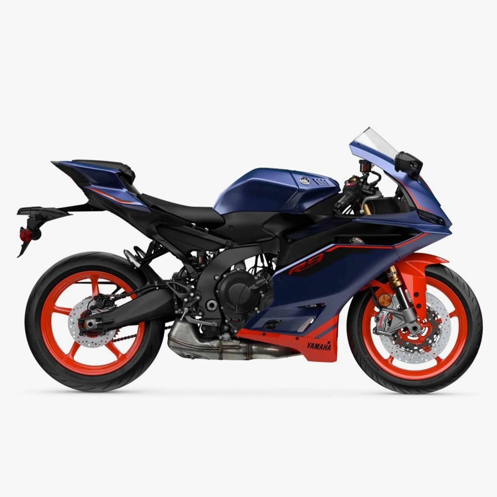 Blue and black Yamaha sport motorcycle with orange wheels and red accents.