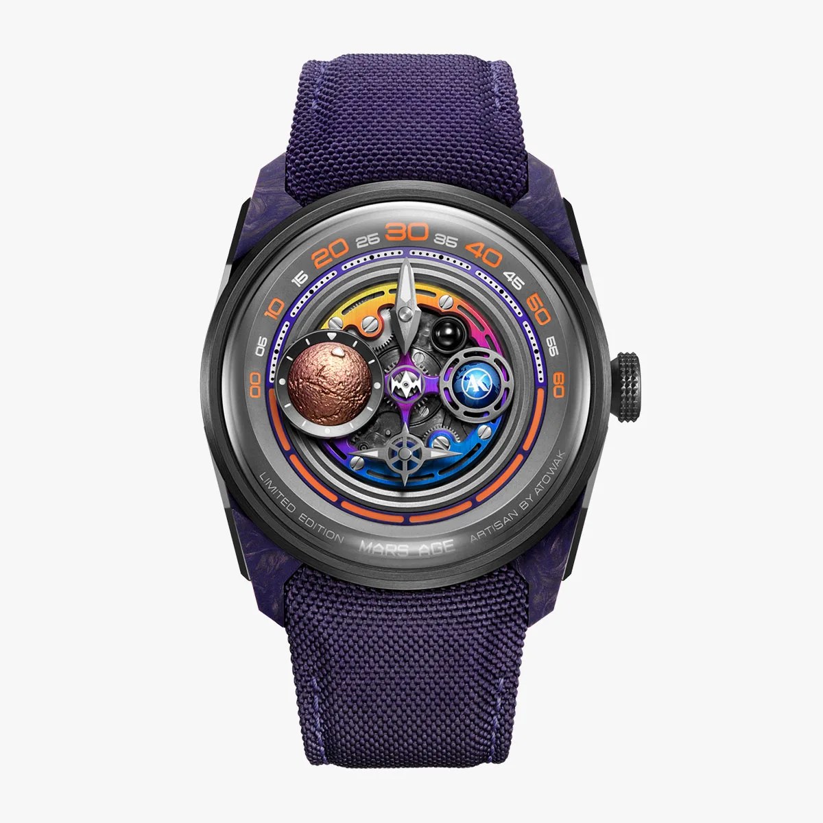 Limited edition Mars Age wristwatch with a purple fabric strap and a colorful, intricate mechanical dial.