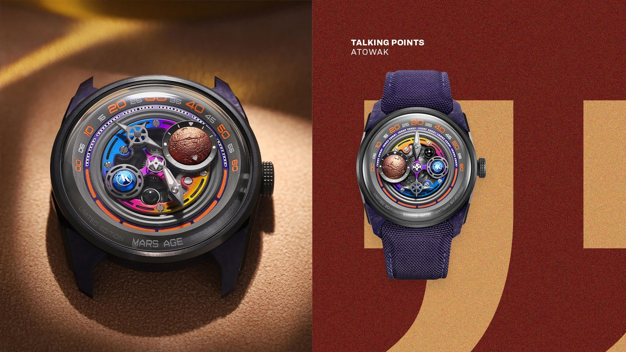 Close-up of a Mars Age limited edition watch with a colorful mechanical dial and purple fabric strap.