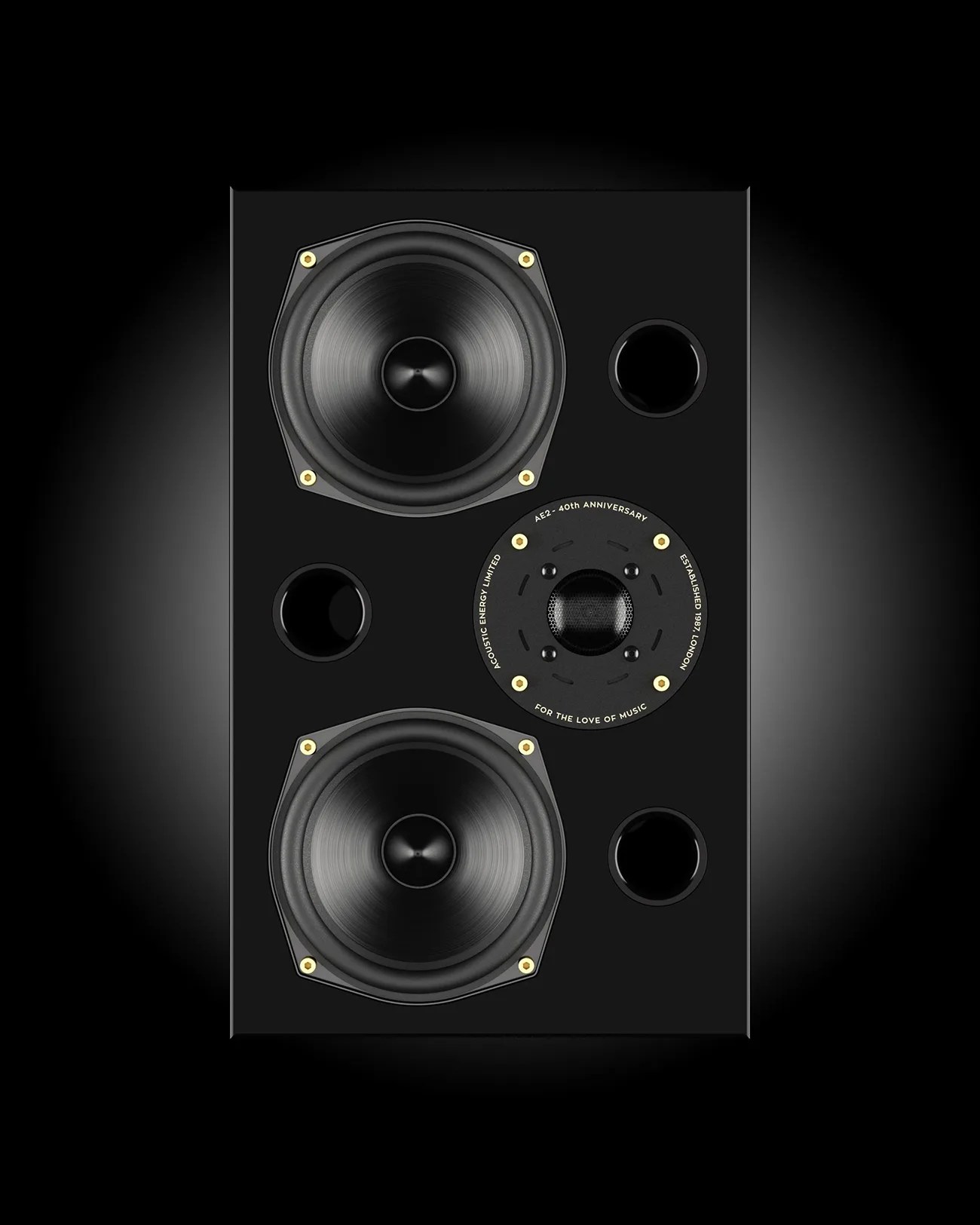 Black rectangular speaker with two large drivers, one central tweeter labeled "AE2 - 40th Anniversary," and four circular ports.