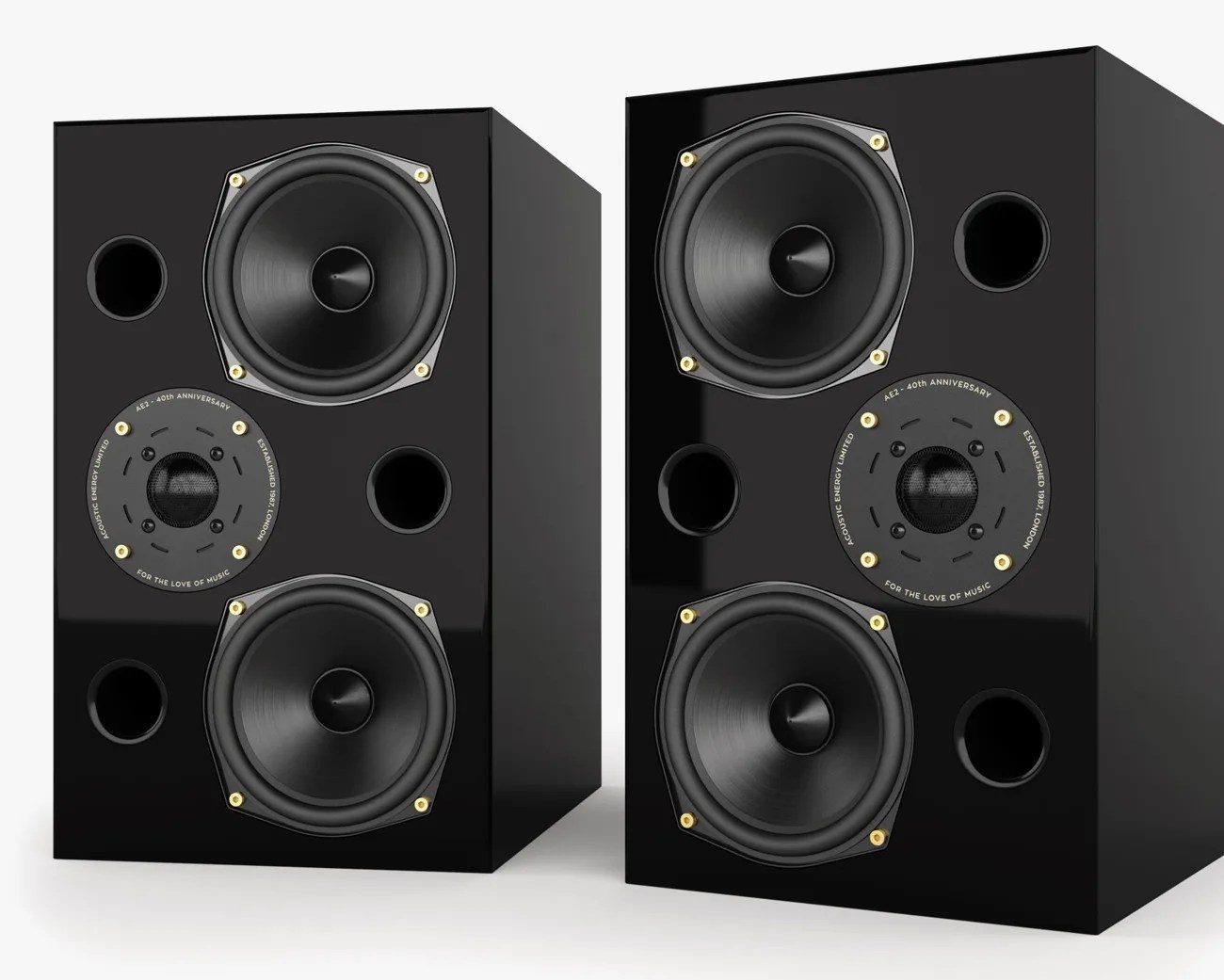 Pair of black glossy AE2 40th Anniversary Acoustic Energy speakers with dual woofers and central tweeters.