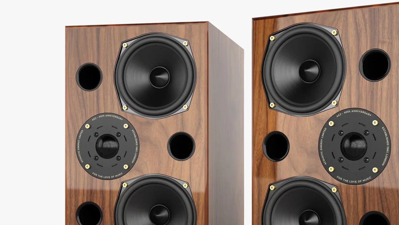 Pair of wooden bookshelf speakers with black drivers and circular ports, featuring "AE2 - 40th Anniversary" text on the tweeter.