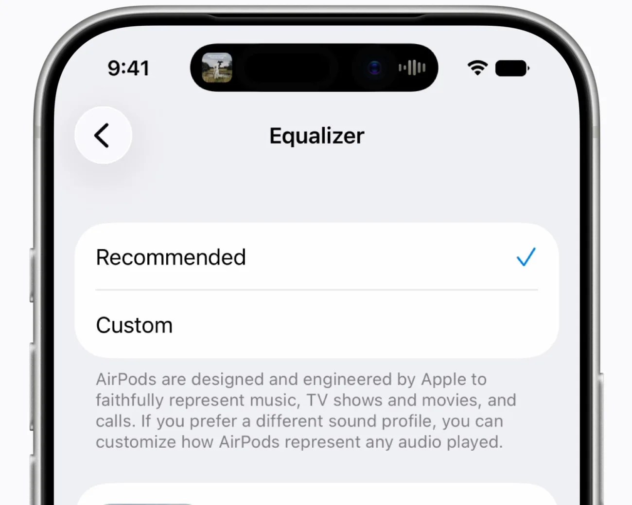 Smartphone screen showing the Equalizer settings with options "Recommended" selected and "Custom," and a description about AirPods sound profile customization.