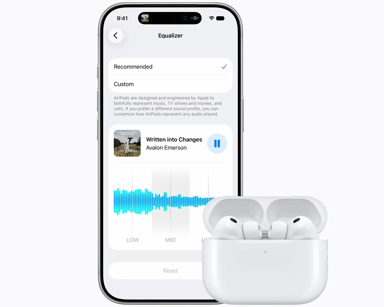 White wireless earbuds in an open charging case in front of a smartphone displaying an equalizer music app.