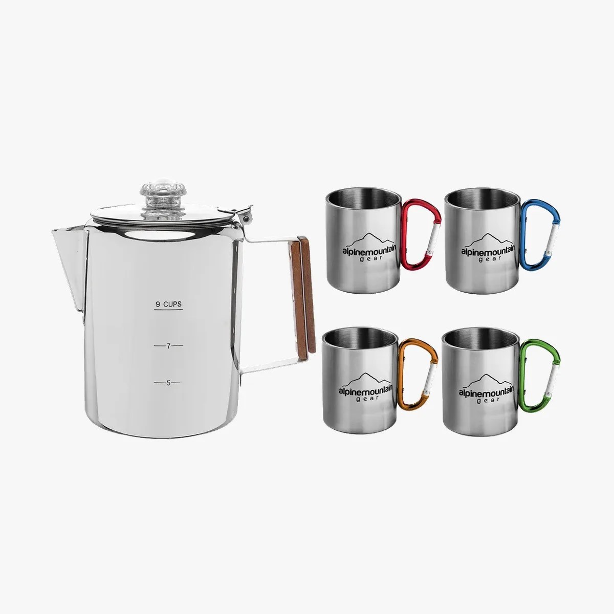 Stainless steel coffee pot with wooden handle and four stainless steel mugs with colored carabiner handles.