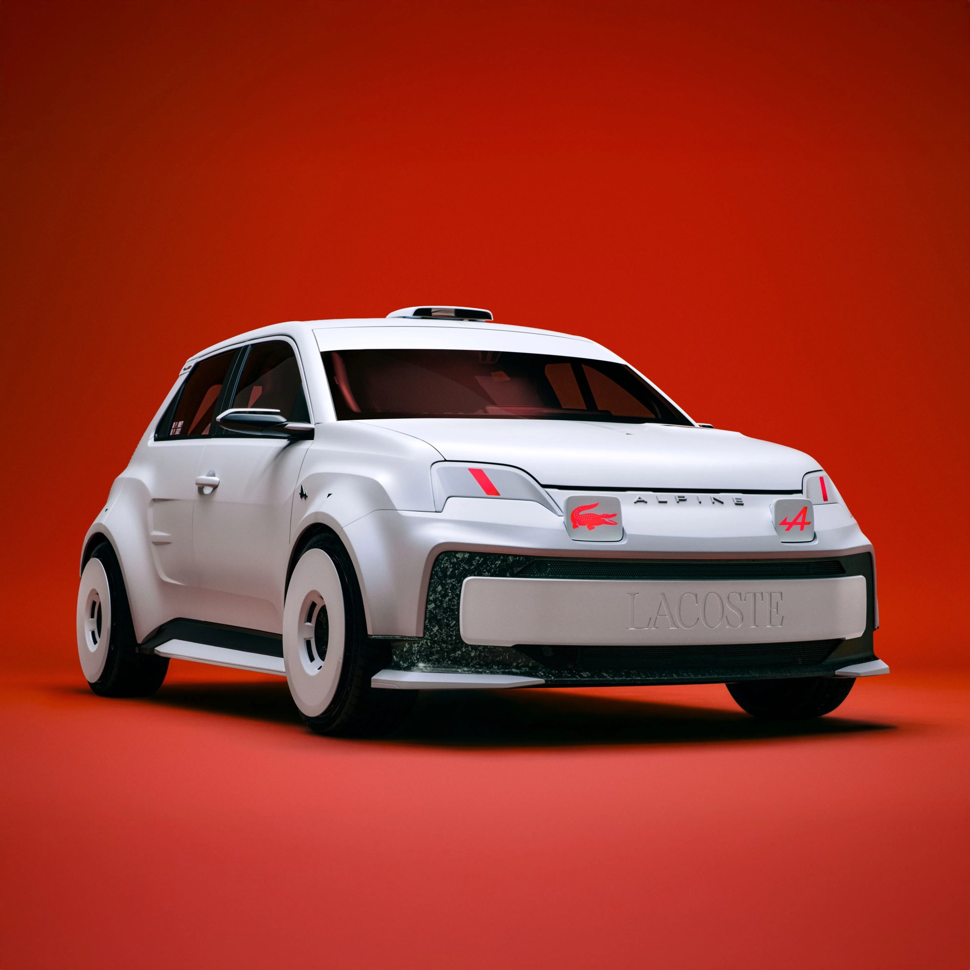 White Alpine compact SUV with red accents and Lacoste branding on a red background.