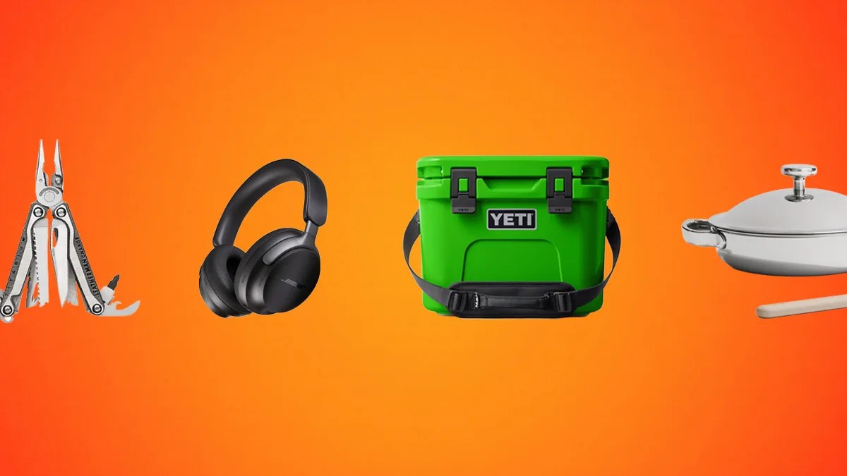 Silver multi-tool with pliers, black wireless Bose headphones, green YETI cooler with strap, and silver cookware with lid on orange background.