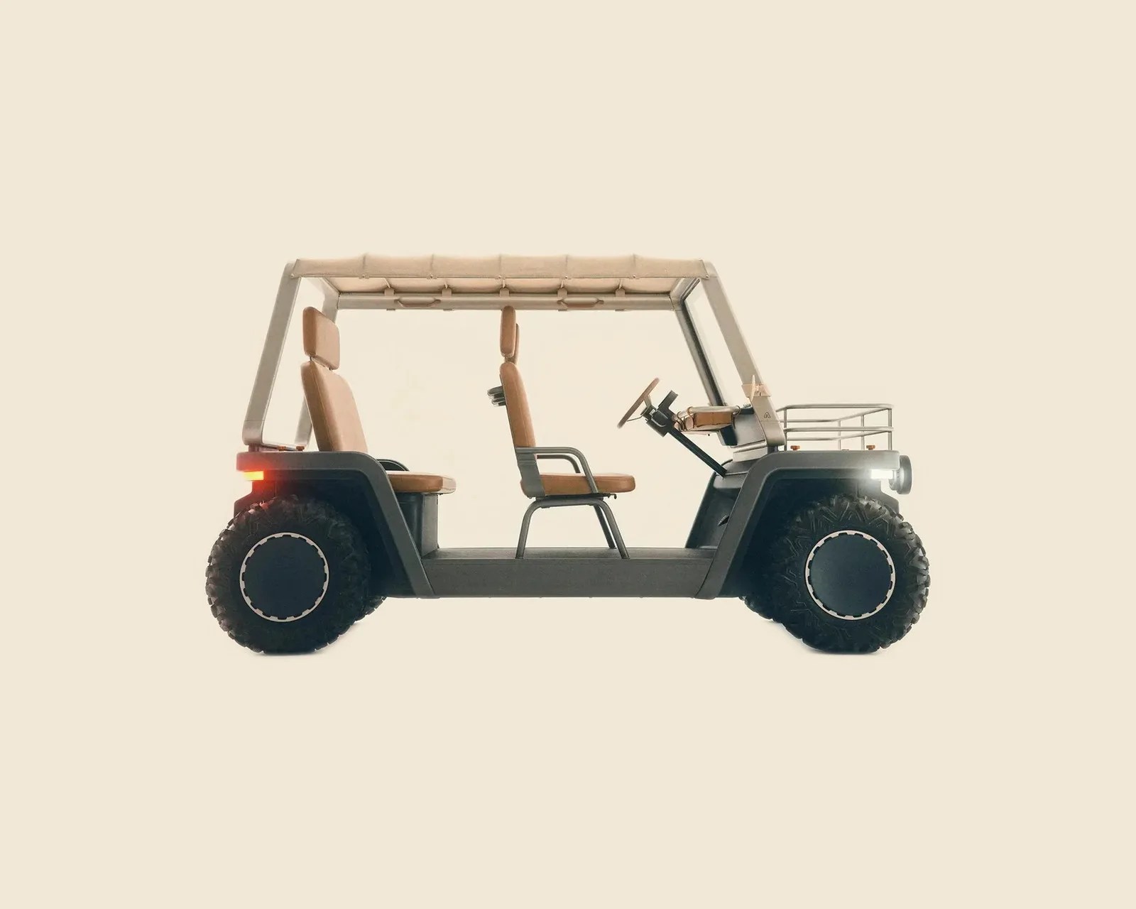 Compact off-road vehicle with beige canopy, tan seats, and large black tires on a plain background.