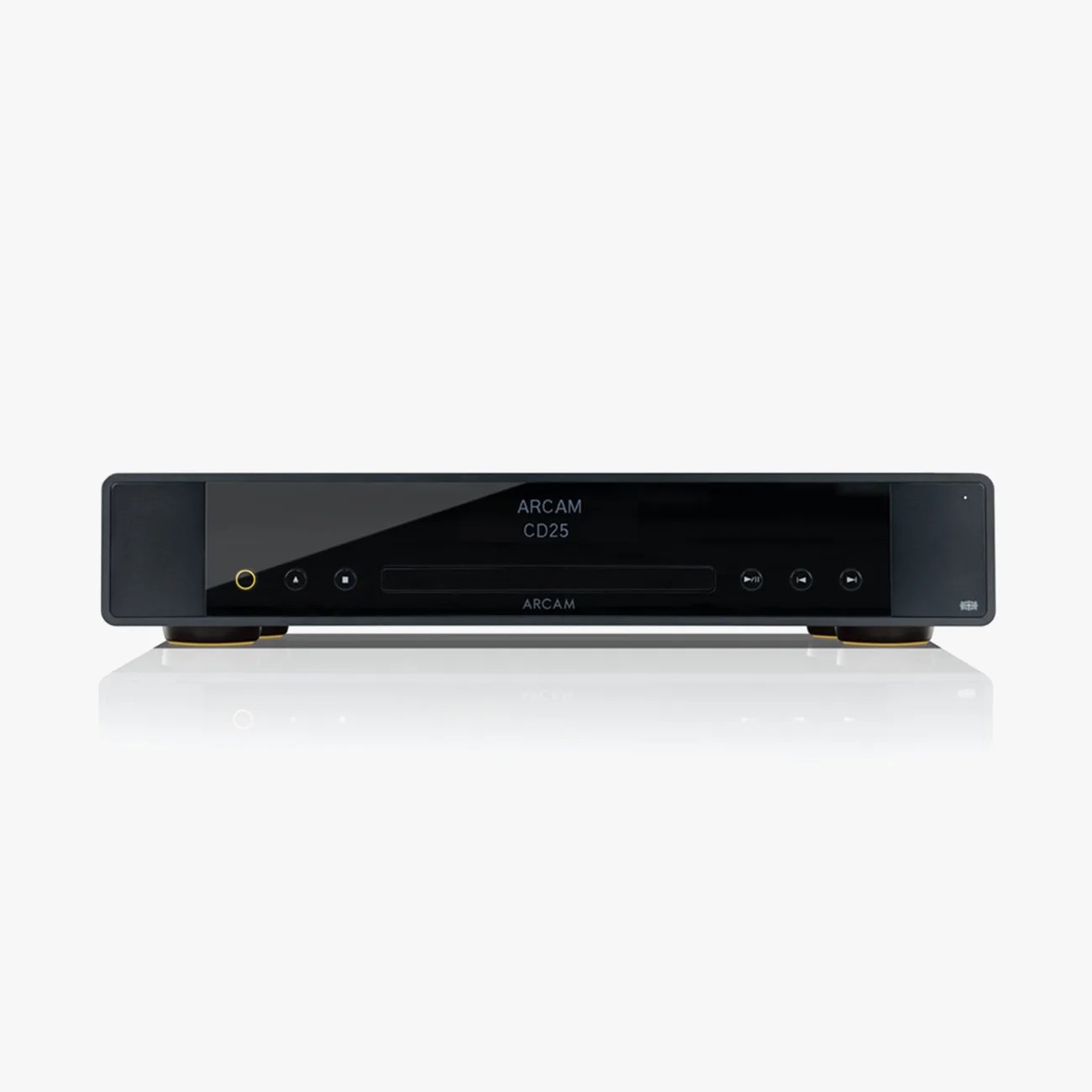 Black Arcam CD25 CD player with front display and control buttons on a white reflective surface.