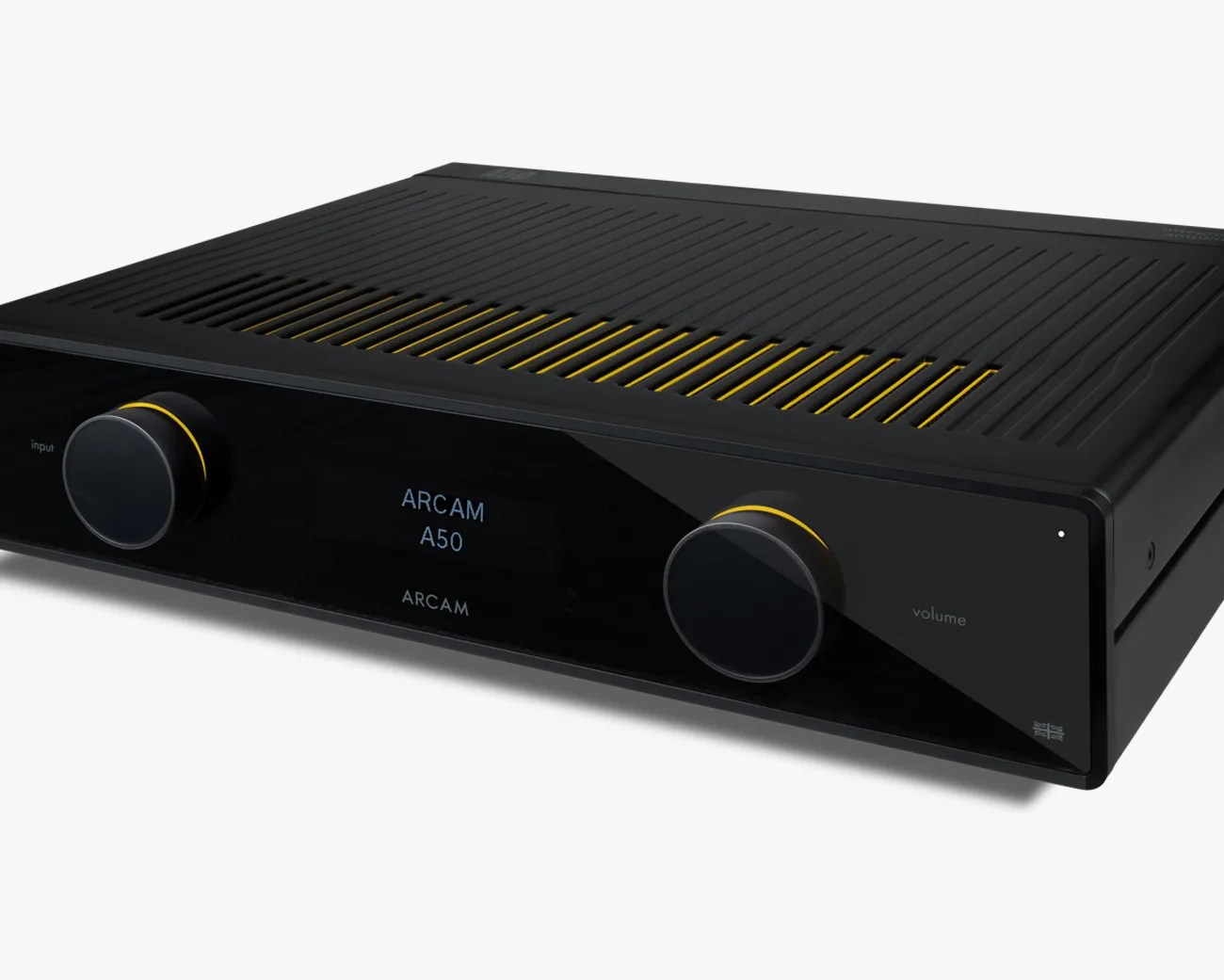Black Arcam A50 stereo amplifier with yellow accents on control knobs and vent slats.