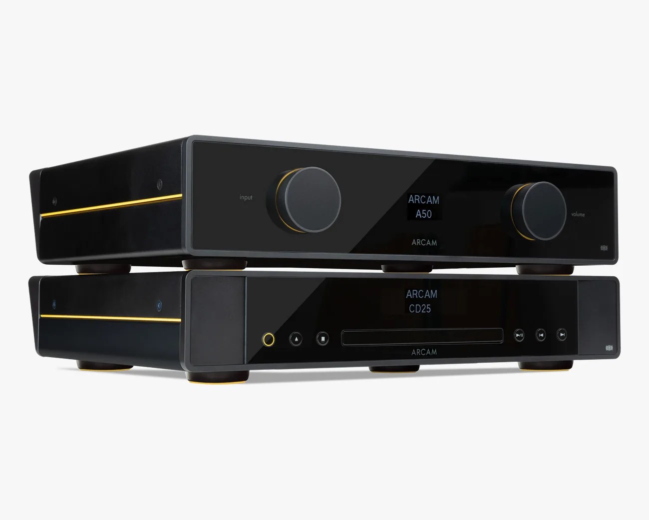 Two stacked black Arcam audio components with digital displays, gold accent lines, and control knobs on a white background.