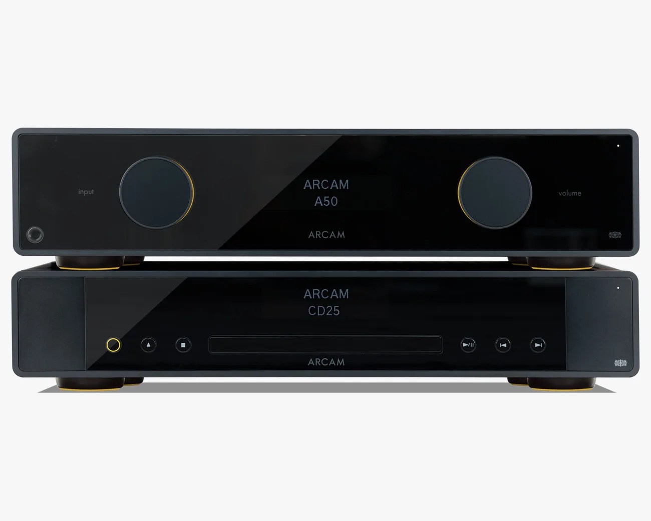 Two black Arcam audio components stacked, the top one labeled A50 with input and volume knobs, the bottom one labeled CD25 with playback buttons.