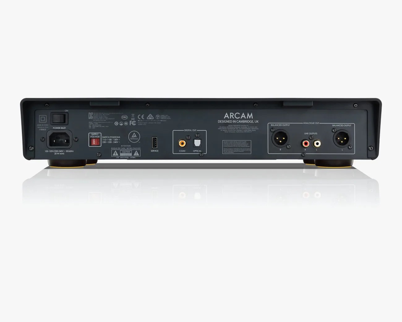 Black Arcam audio device rear panel with power inlet, digital coaxial and optical outputs, and balanced and line audio outputs.