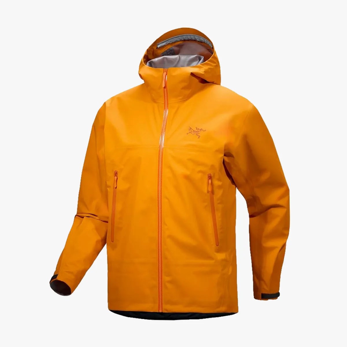 Bright orange waterproof jacket with hood and front zip pockets on a white background.