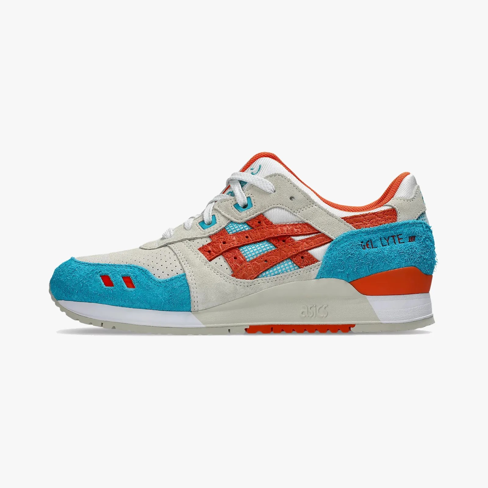 Light gray and turquoise suede Asics Gel Lyte III sneaker with orange accents and white sole.