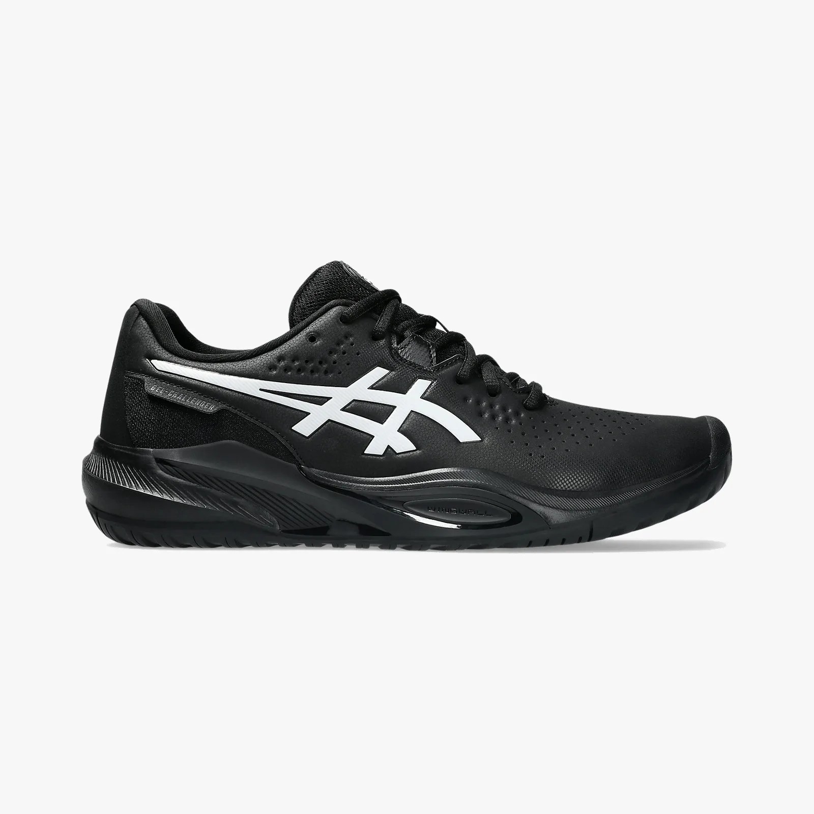 Black ASICS running shoe with white logo and textured sole, side view.