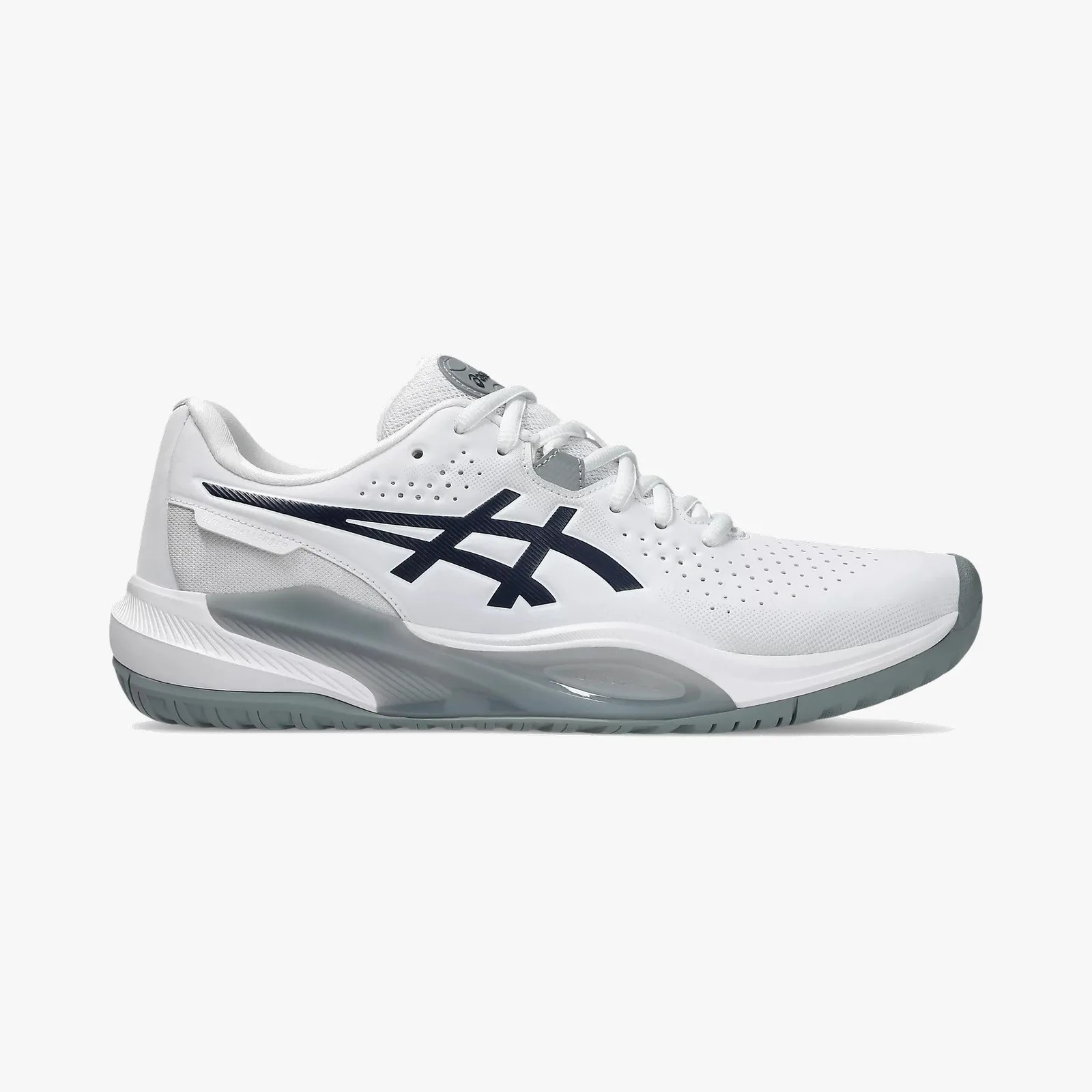 White and gray ASICS athletic shoe with black logo and perforated upper side.