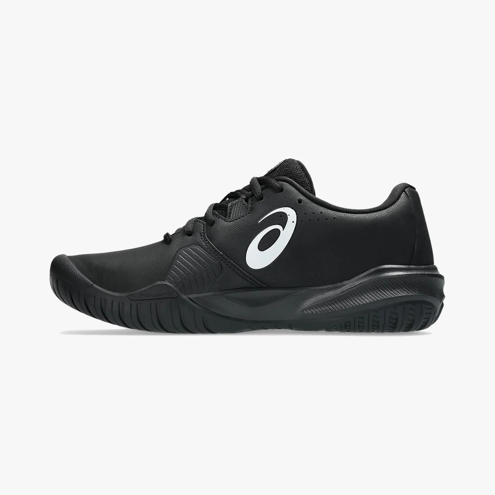 Black low-top athletic shoe with white Asics logo on the side and textured sole.