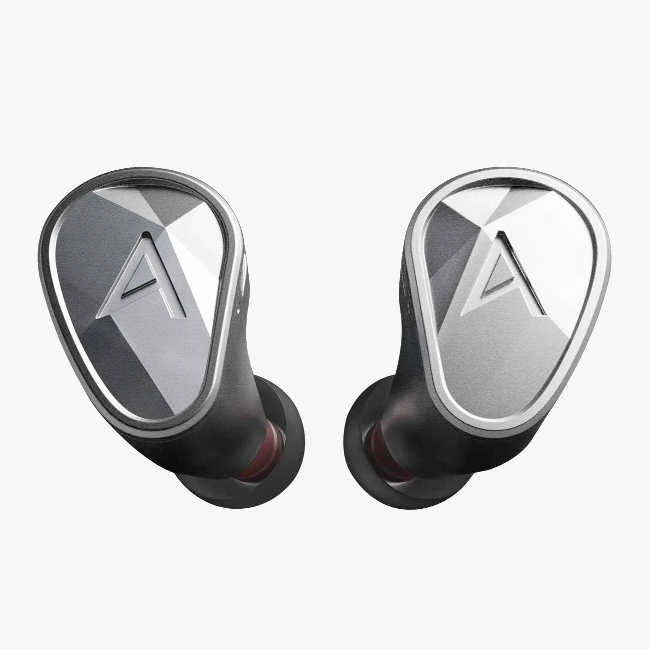 Pair of black wireless earbuds with geometric silver faceplates and embossed "A" logos.