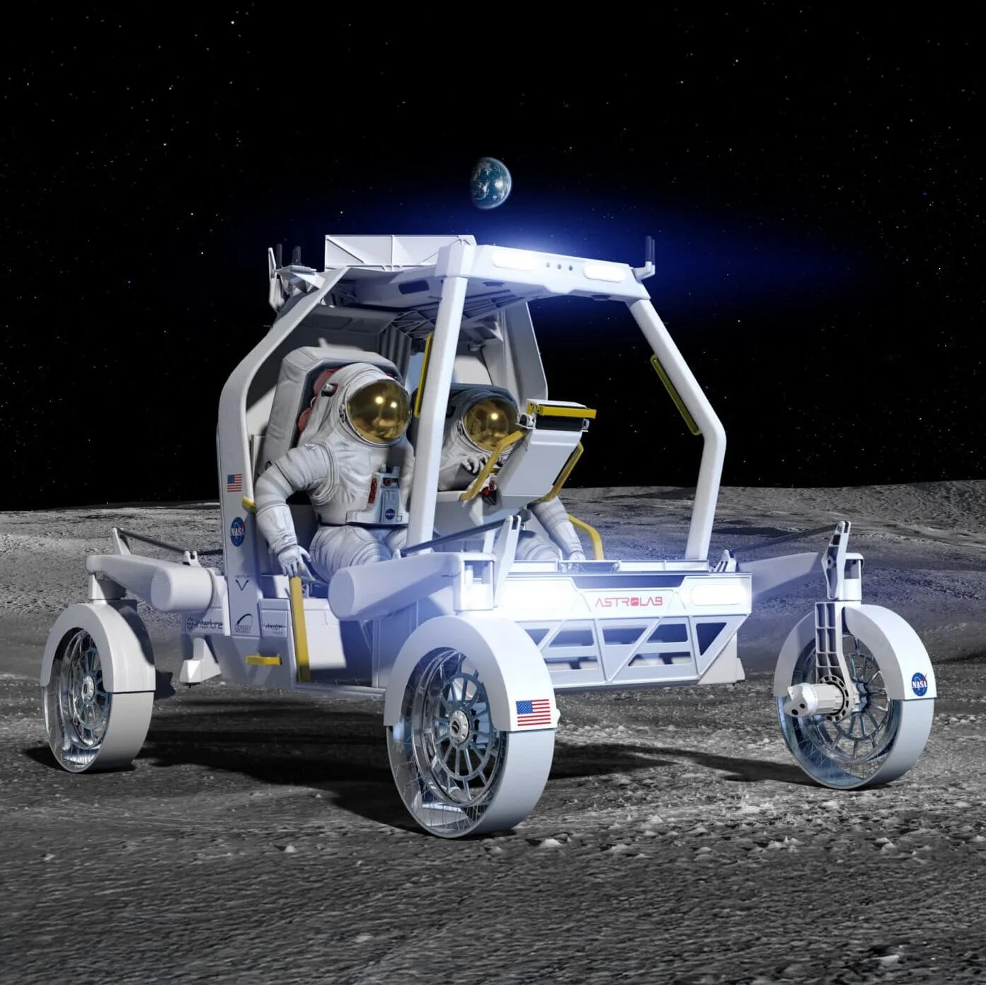 Two astronauts in white spacesuits seated in a white lunar rover labeled "ASTROLAB" on the moon's surface with Earth visible in the background.