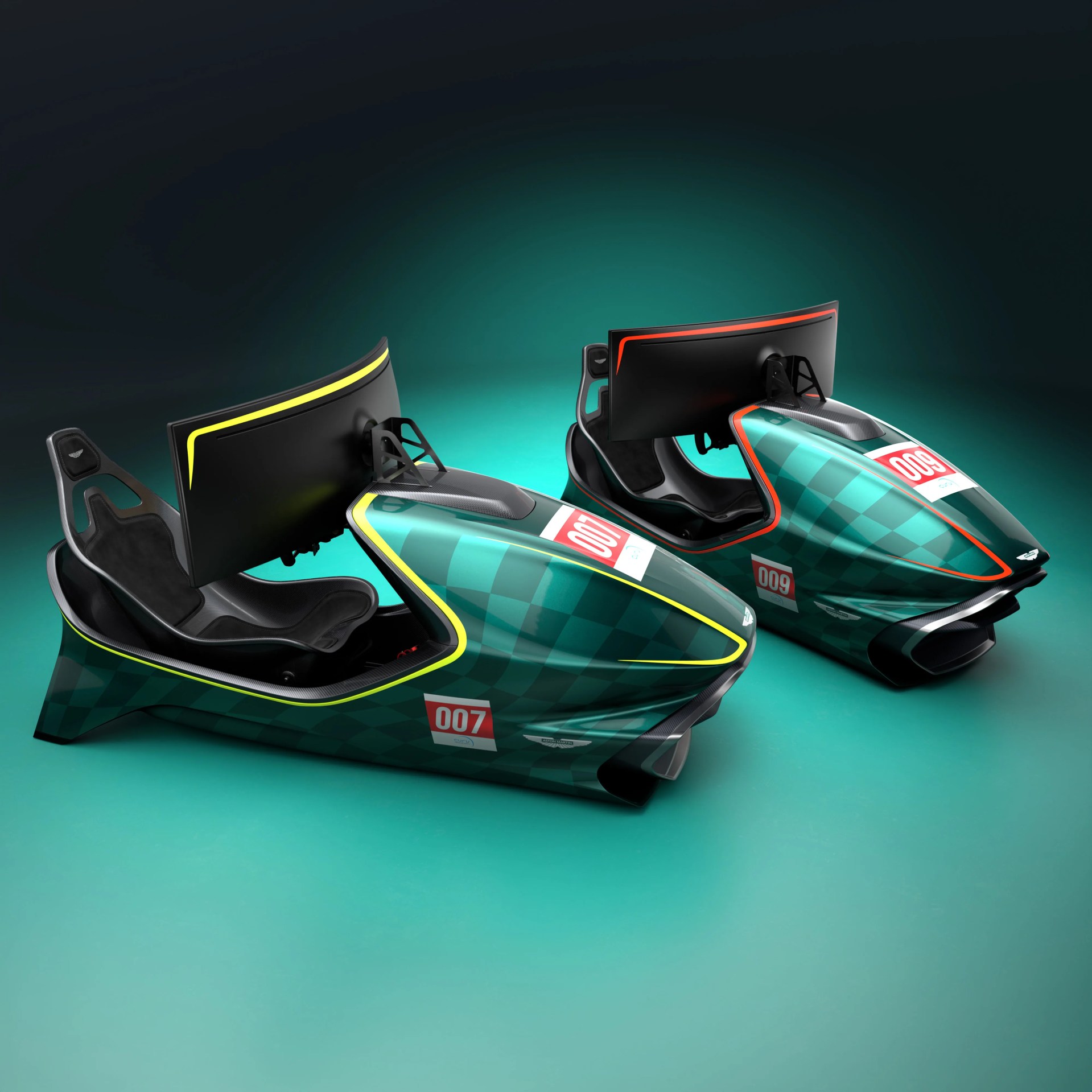Two green checkered racing pods with black seats and large curved screens, one outlined in yellow and the other in red.