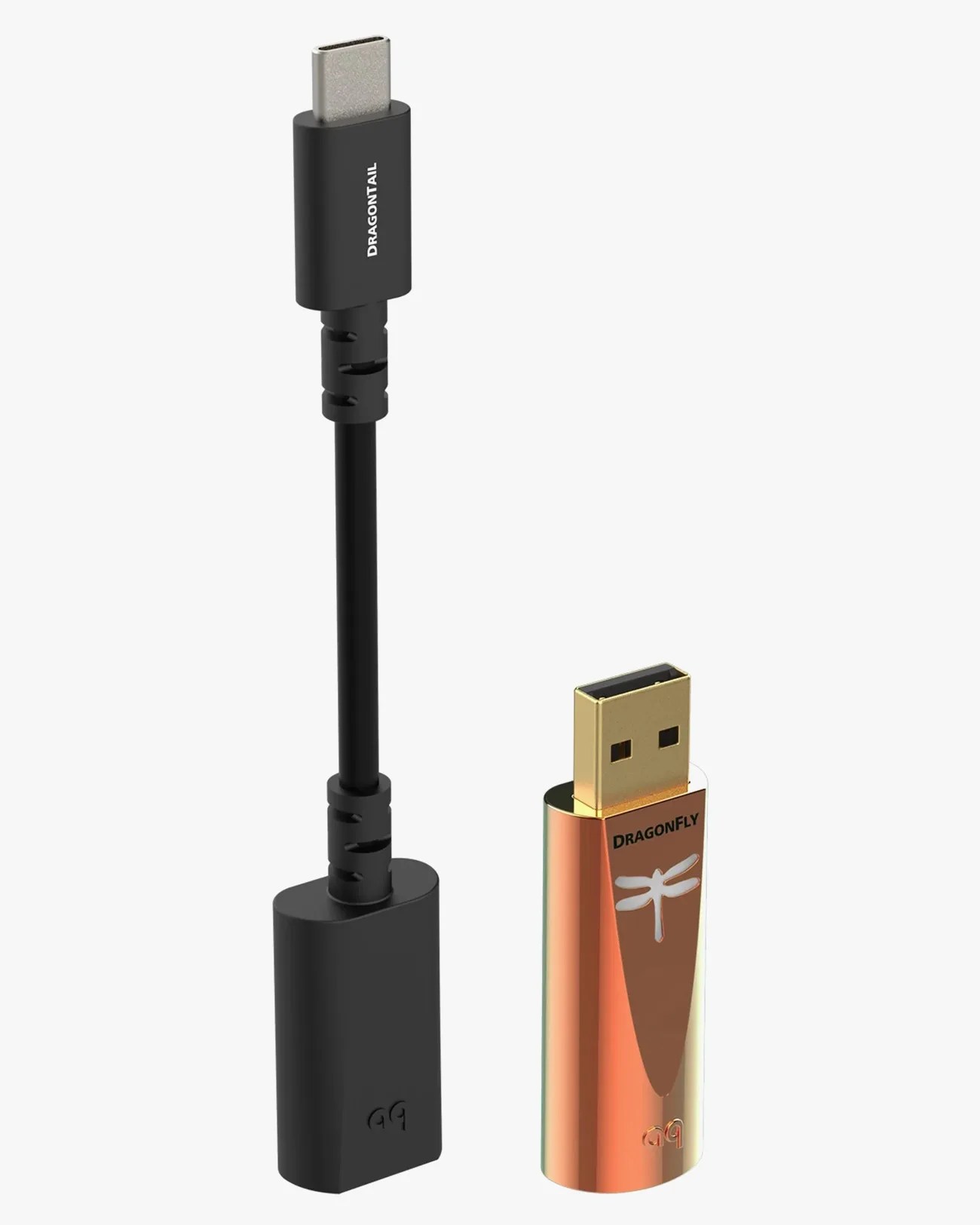 Black USB-C cable labeled "DRAGONTAIL" next to a metallic orange USB-A device labeled "DRAGONFLY" with a dragonfly logo.