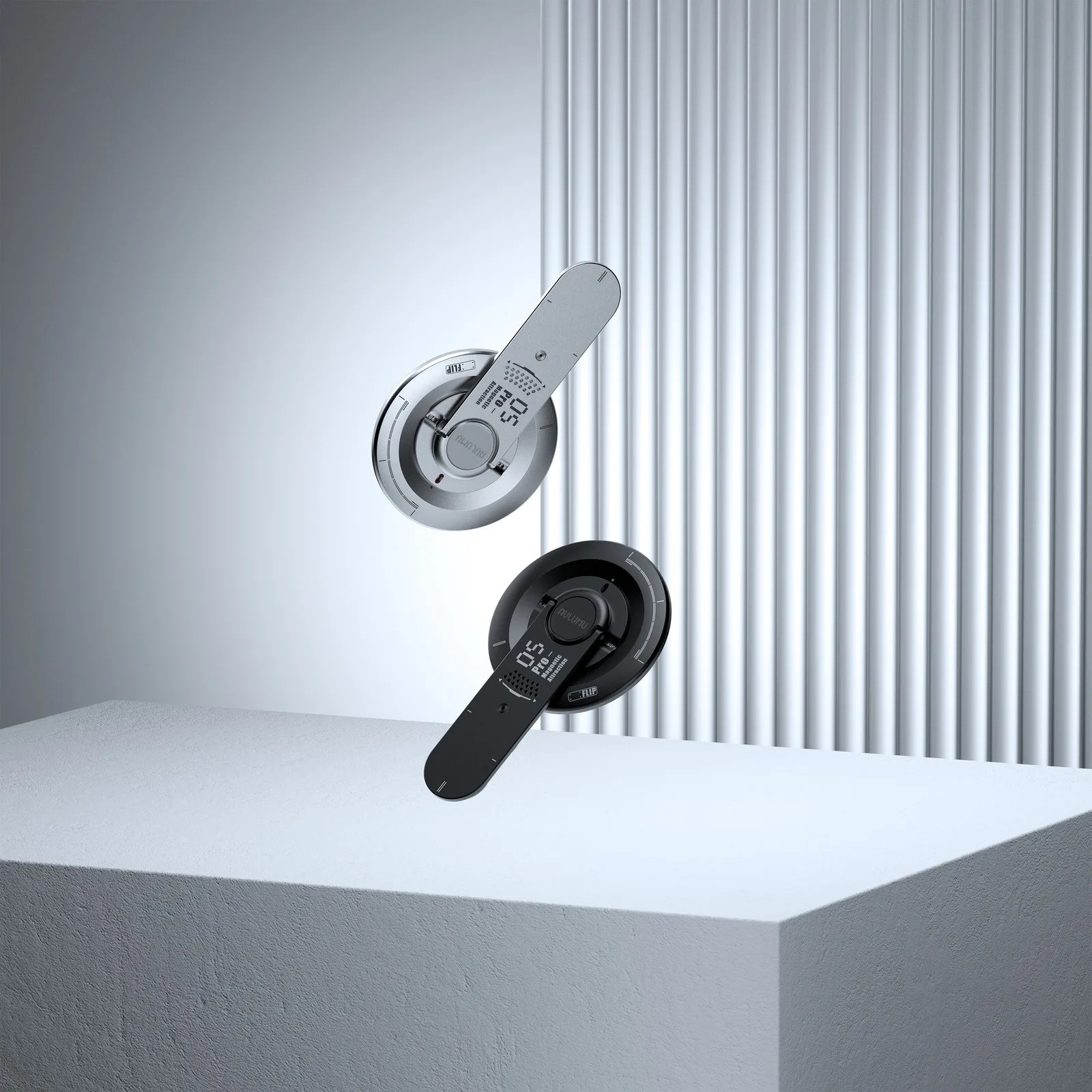Two modern digital door locks, one silver and one black, mounted on a textured white surface with vertical ridged background.
