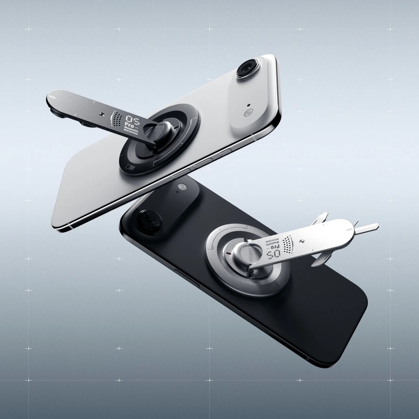 Two smartphones, one white and one black, each with a magnetic multi-tool attached to the back.