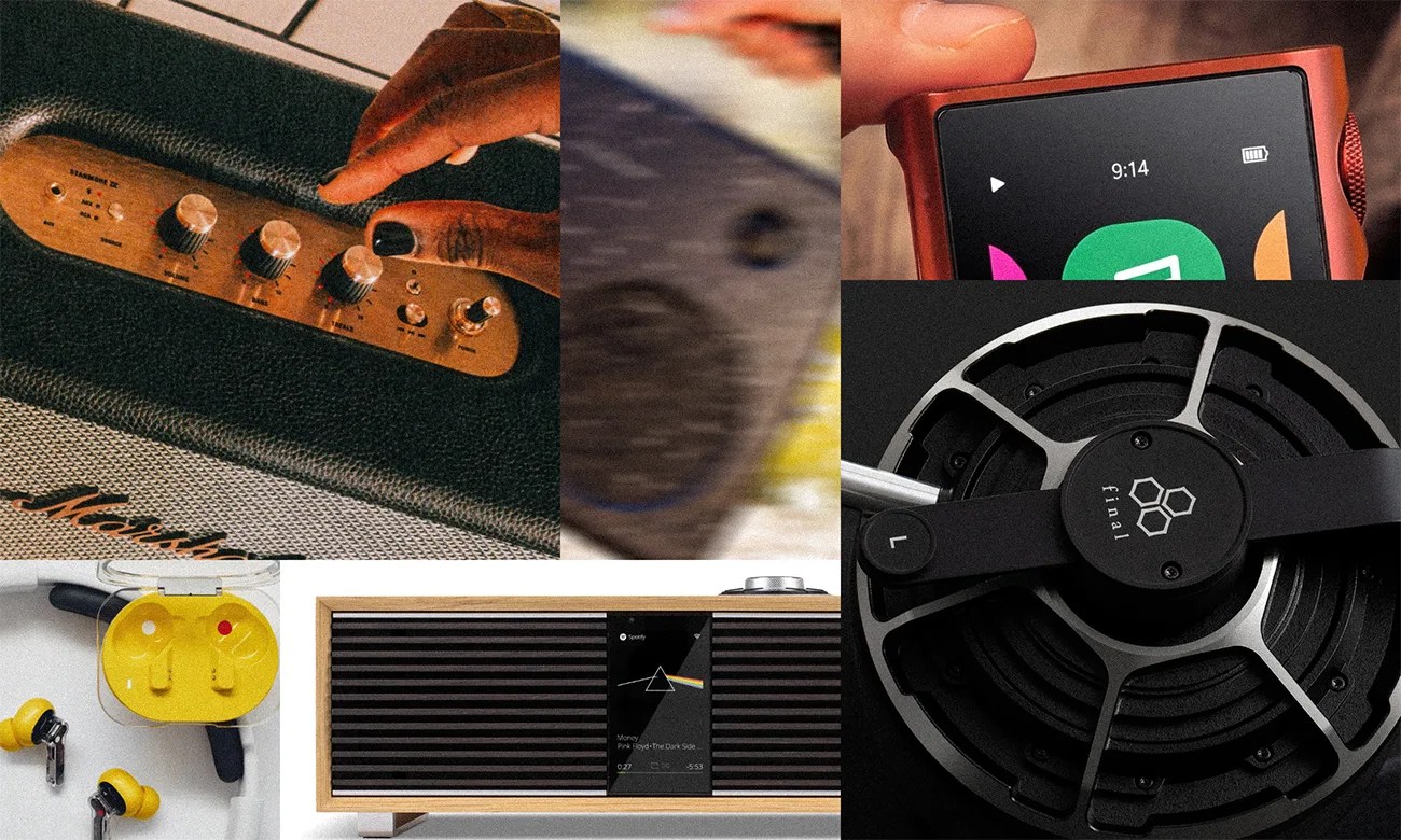 Collage of audio devices including a Marshall amplifier with control knobs, yellow wireless earbuds with charging case, a wooden speaker playing Pink Floyd on Spotify, a close-up of a red digital music player, and a black headphone driver with "final" branding.