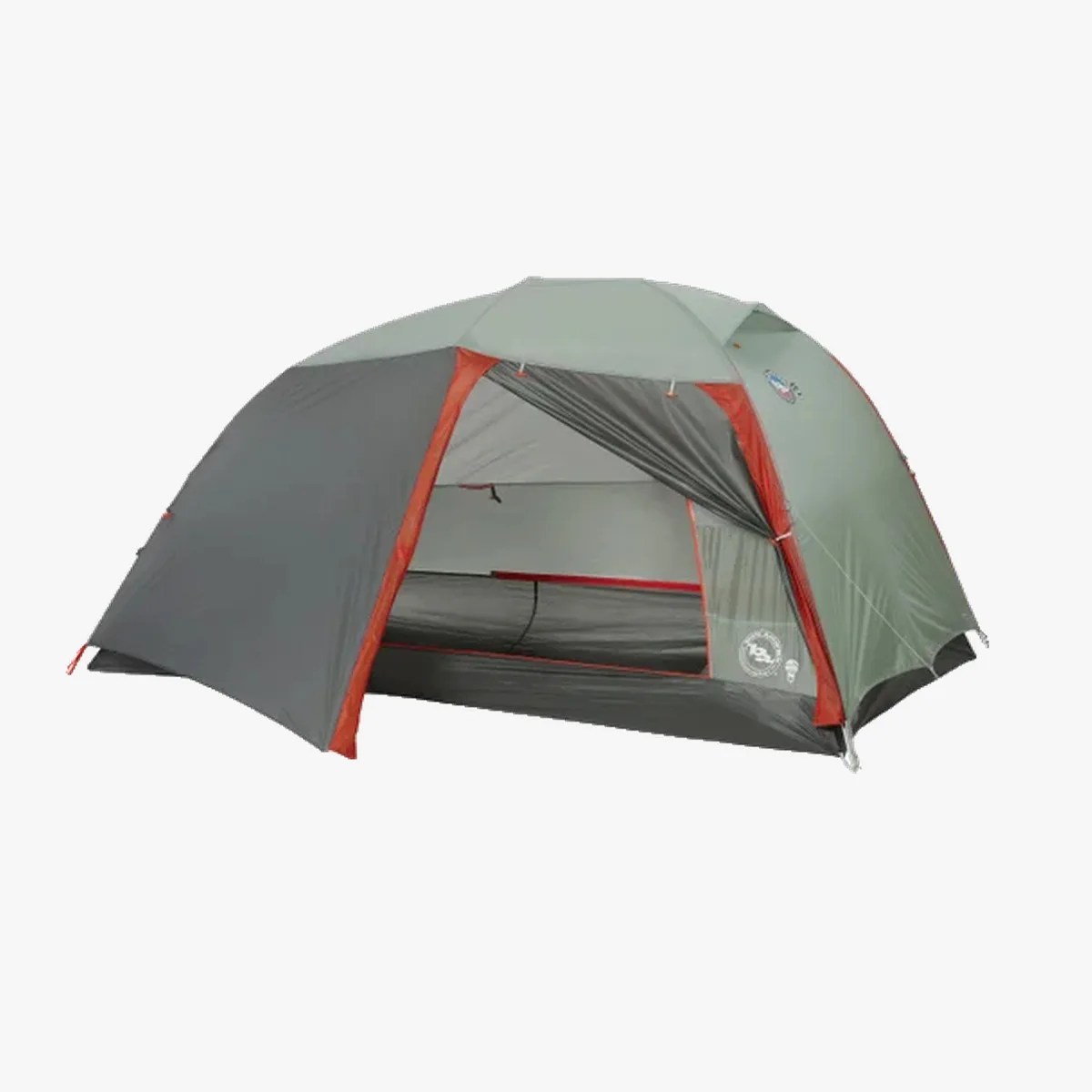 Green and gray dome tent with orange trim and open entrance showing interior.