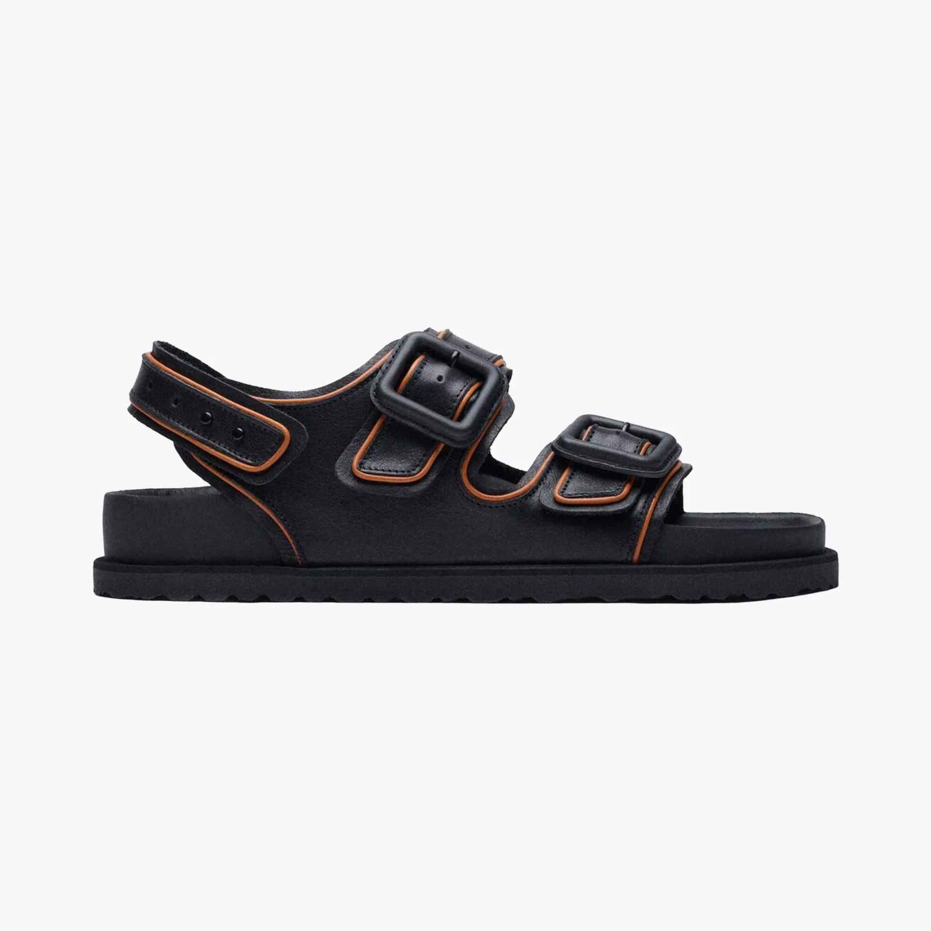 Black leather sandal with orange trim and three adjustable buckle straps on a black sole.