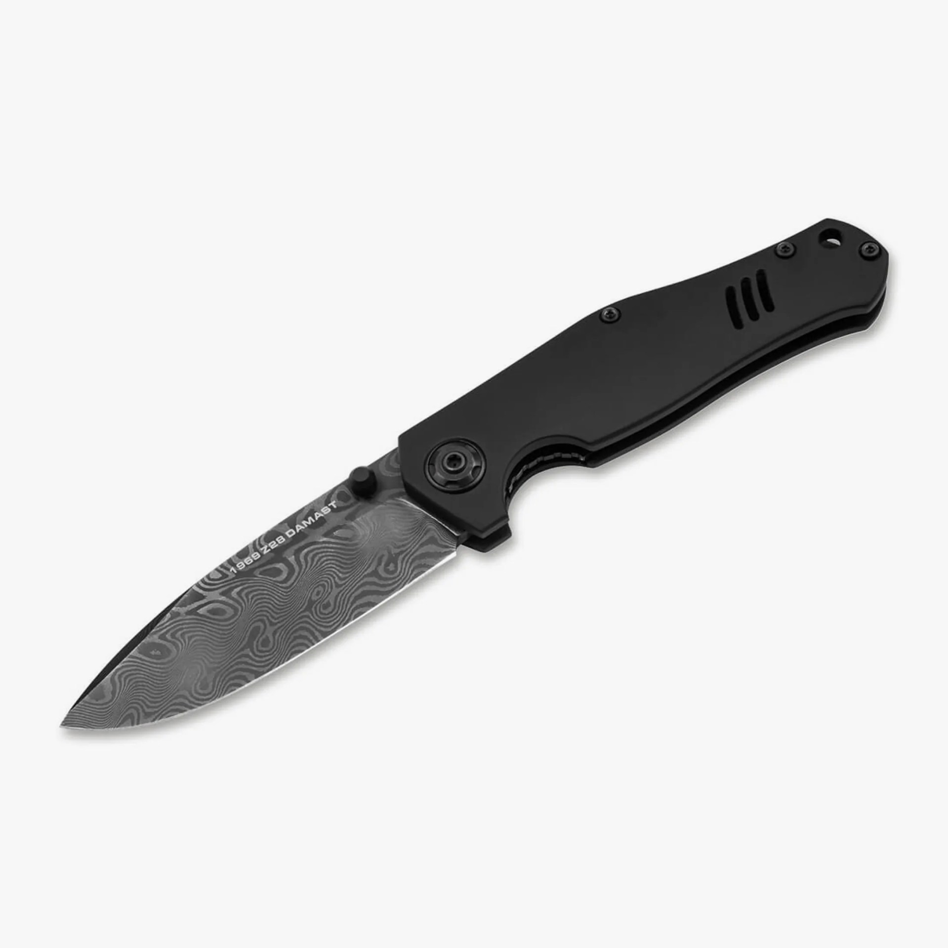 Black folding knife with a patterned Damascus steel blade and a matte black handle.