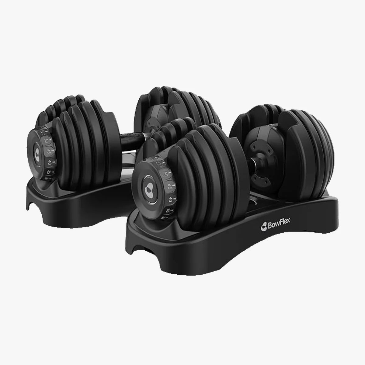 Pair of black adjustable Bowflex dumbbells with weight selection dials on a black stand.