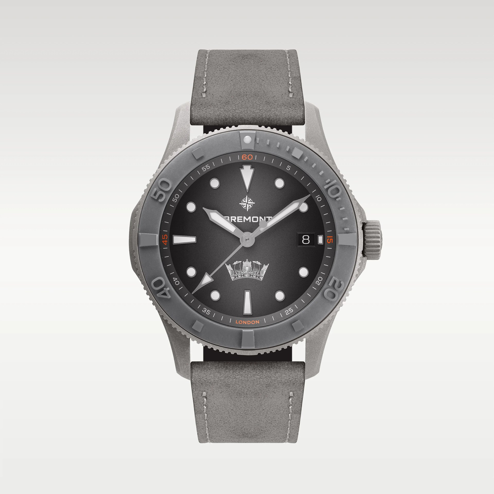 Gray leather strap wristwatch with black dial, gray bezel, and white and orange markings.