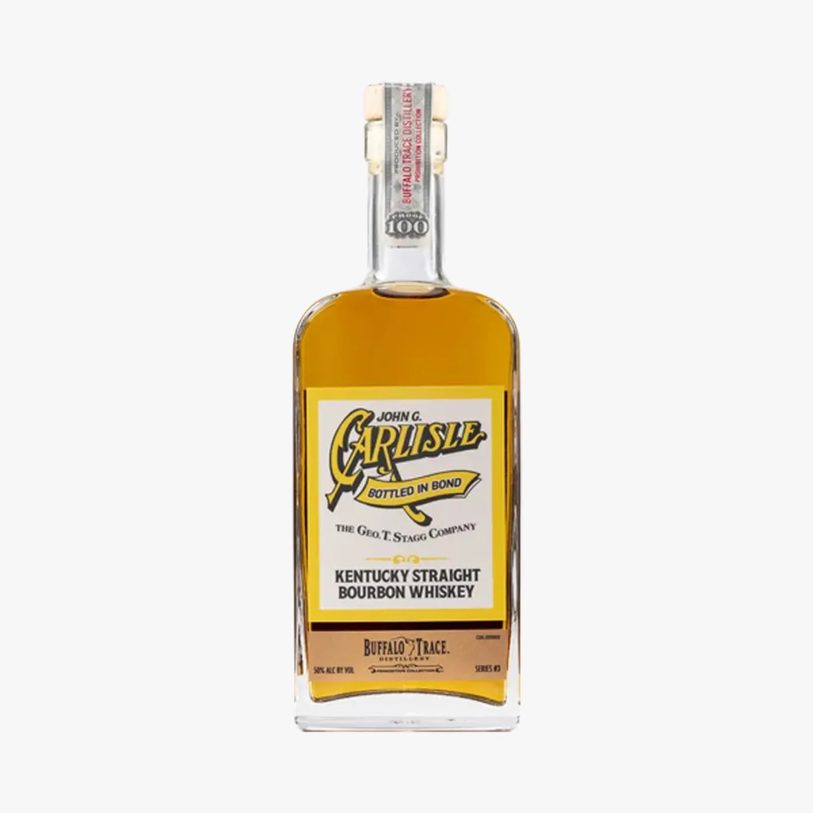 Bottle of John G. Carlisle Kentucky Straight Bourbon Whiskey with yellow and white label.