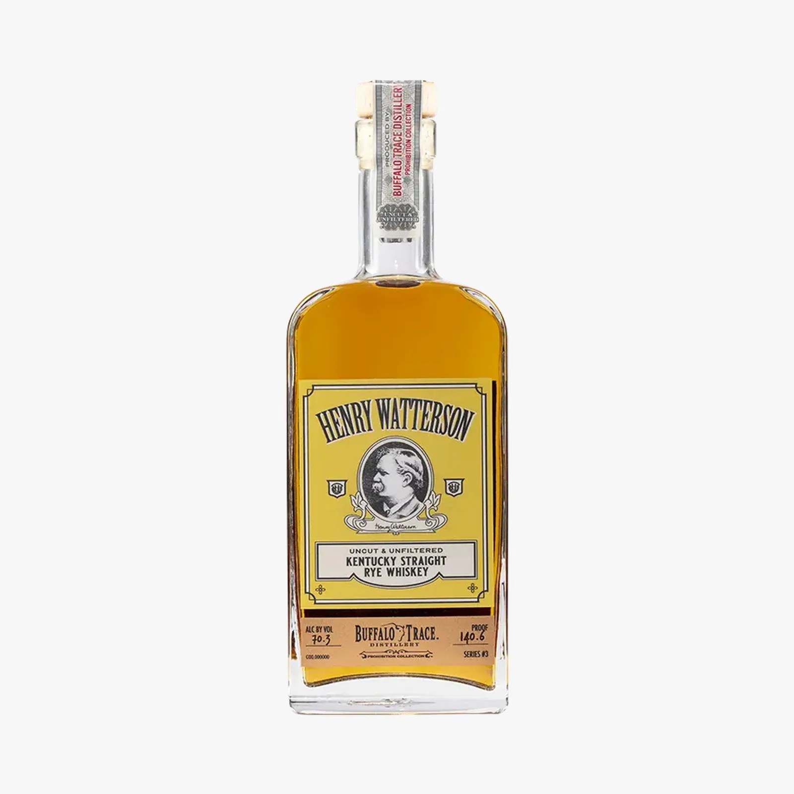 Bottle of Henry Watterson Kentucky Straight Rye Whiskey with a yellow label and cork stopper.