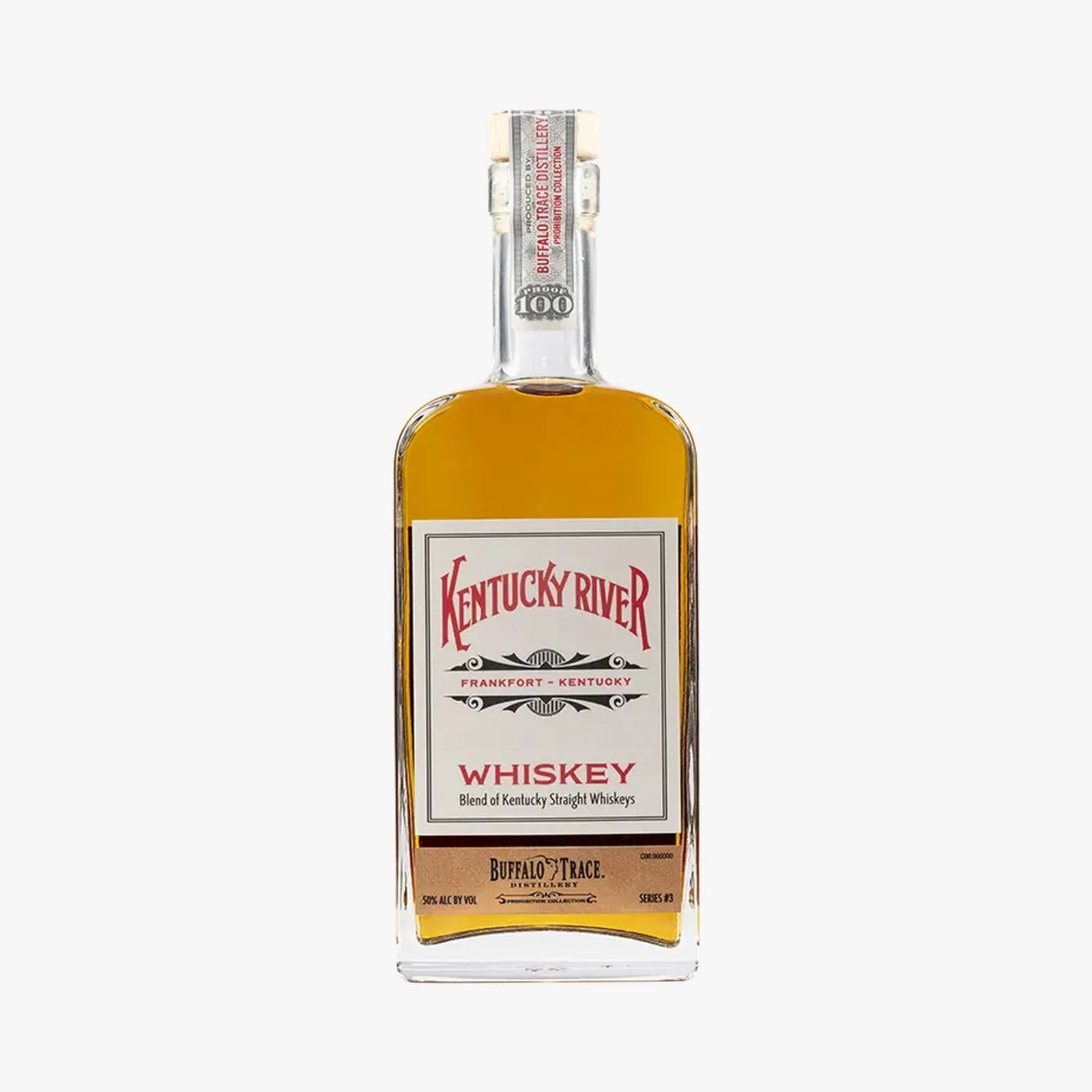 Bottle of Kentucky River whiskey with amber liquid and white label featuring red and black text.