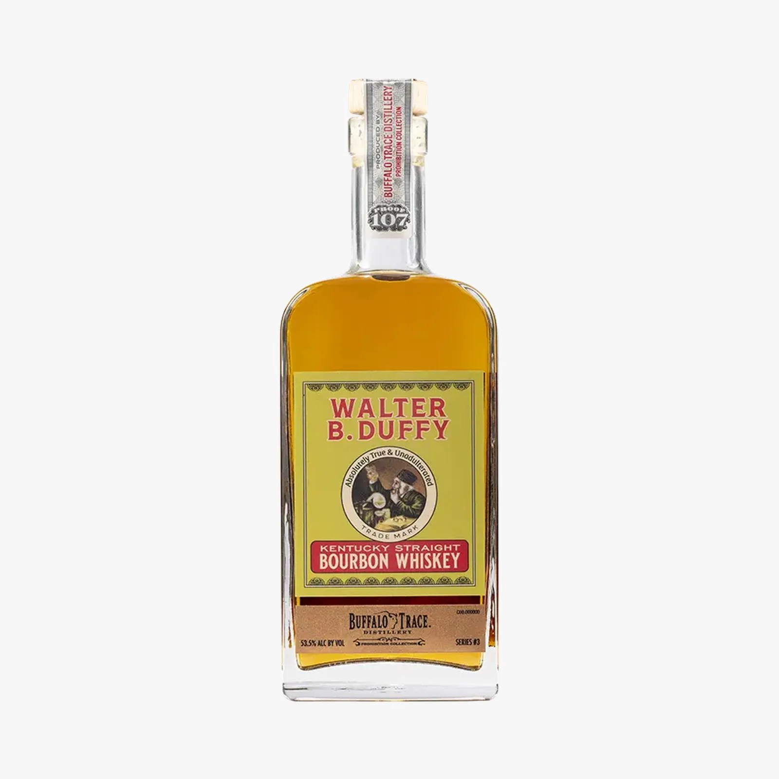 Bottle of Walter B. Duffy Kentucky Straight Bourbon Whiskey with yellow and red label.