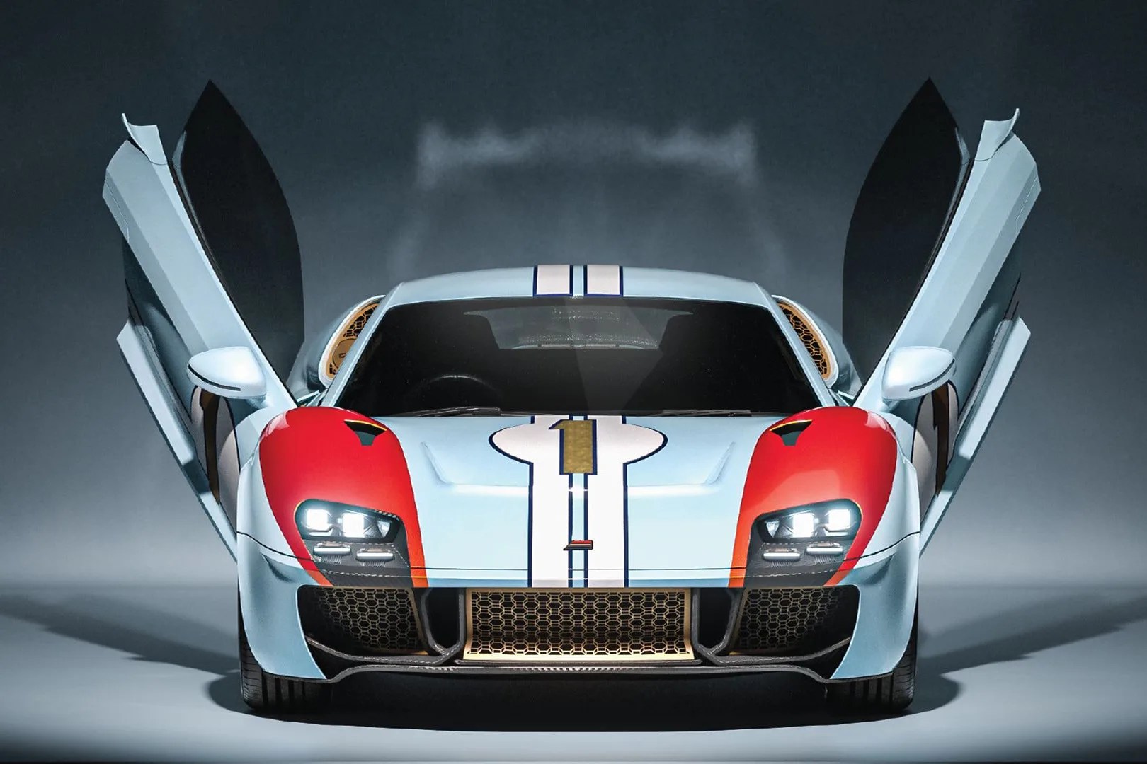 Light blue sports car with red accents and racing stripes, front view with butterfly doors open.