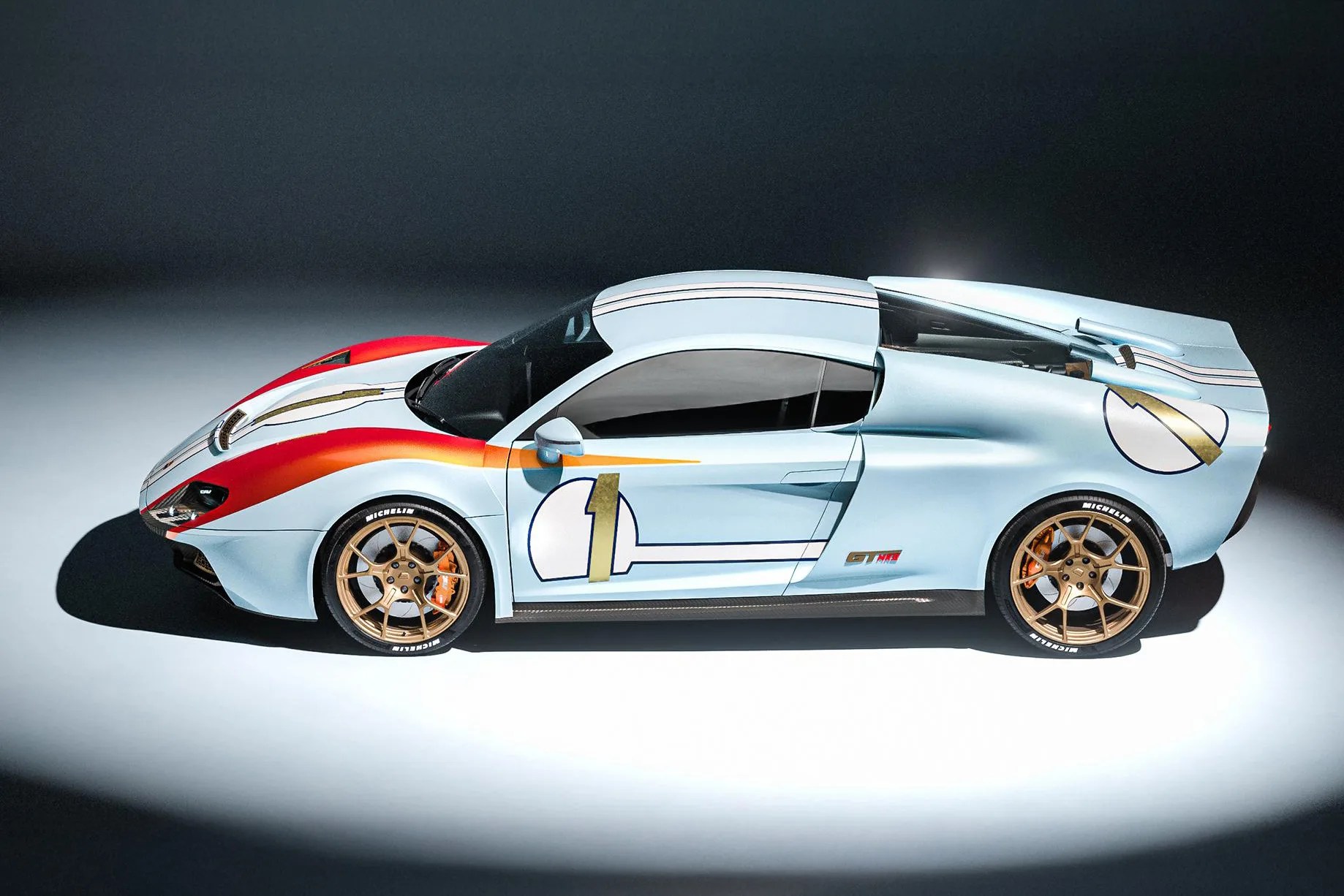 Light blue sports car with red and orange racing stripes, gold number 1 decals, and bronze wheels on a white and dark background.