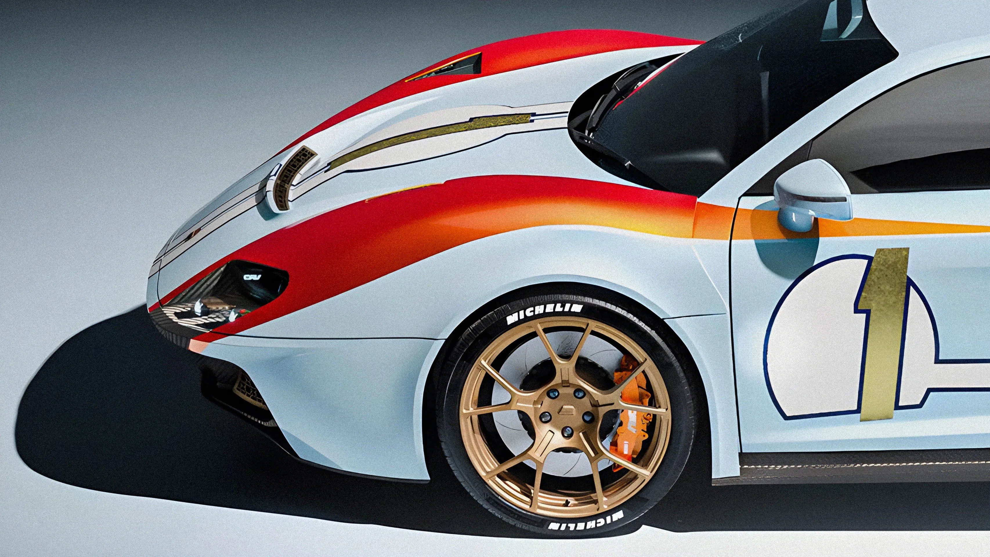 Close-up of the front side of a light blue sports car with red and orange racing stripes, gold wheel rims, and a number 1 decal on the door.
