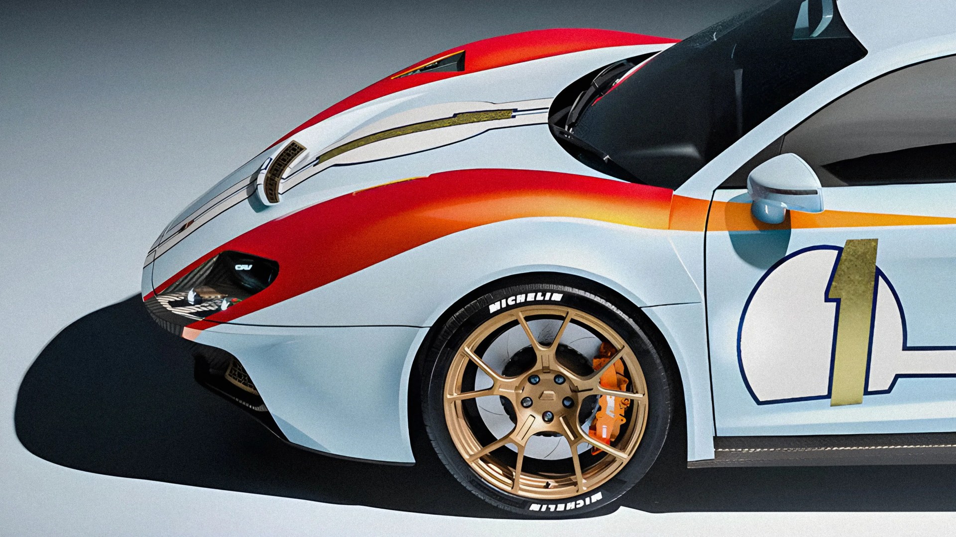 Close-up of the front side of a light blue sports car with red and orange racing stripes, gold wheel rims, and a number 1 decal on the door.