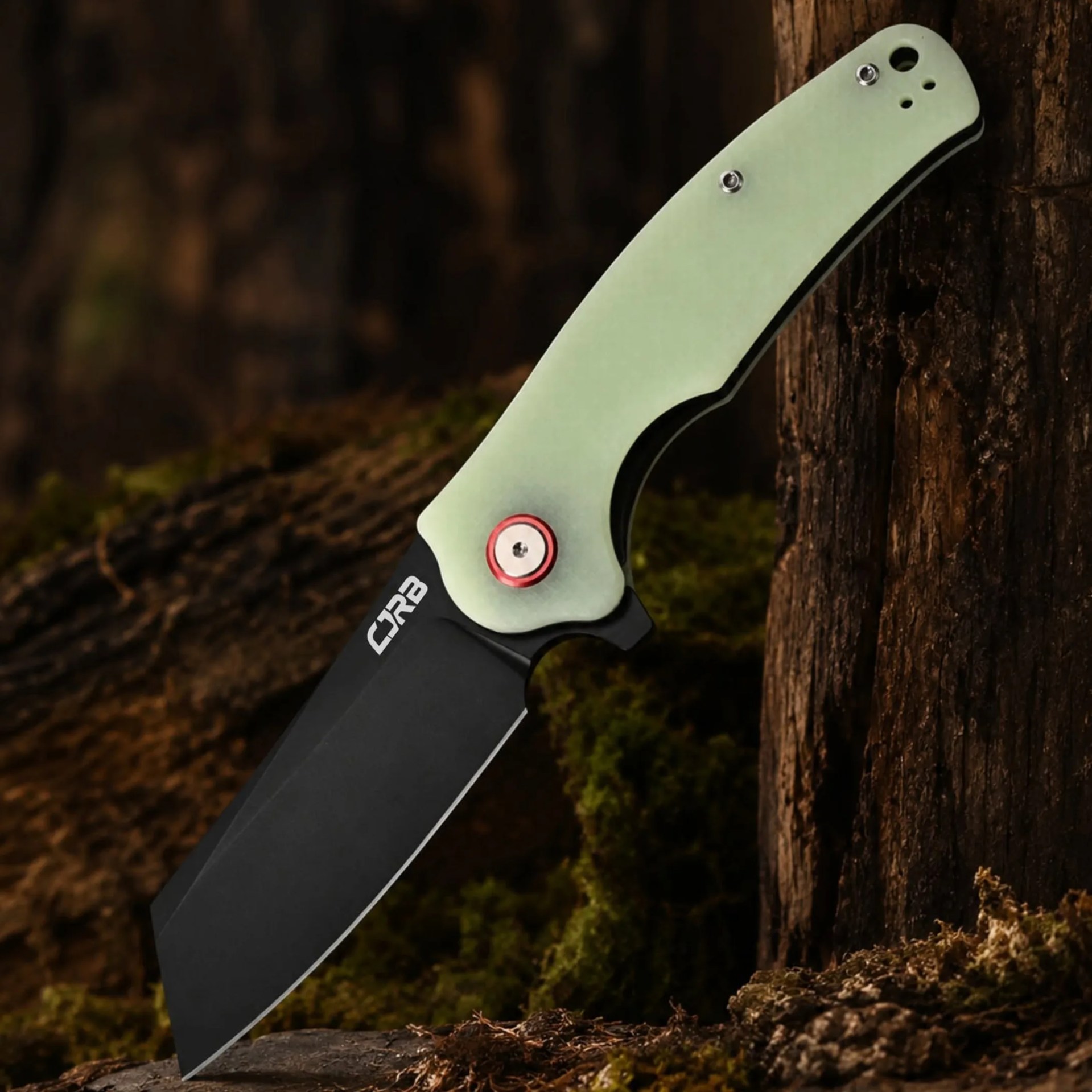 Black folding knife with a light green handle and red pivot screw resting against a tree trunk.