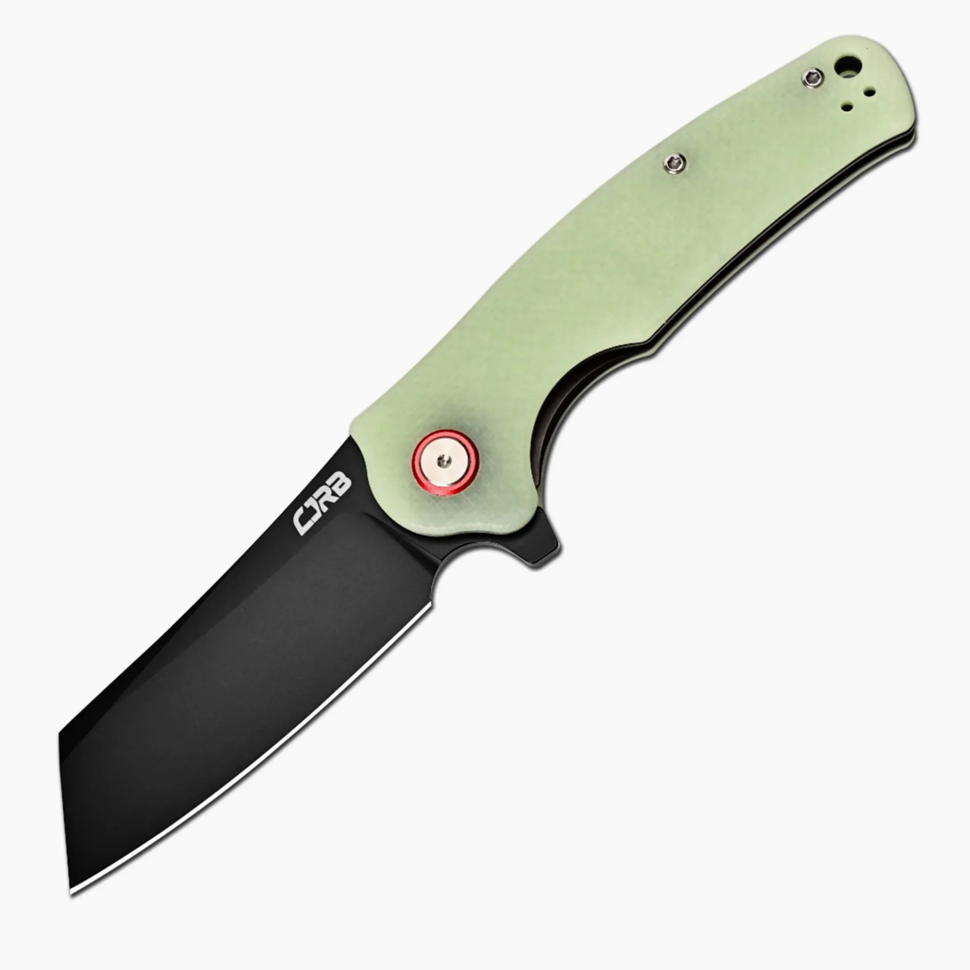 Black CRB cleaver-style folding knife blade with light green handle and red pivot ring.