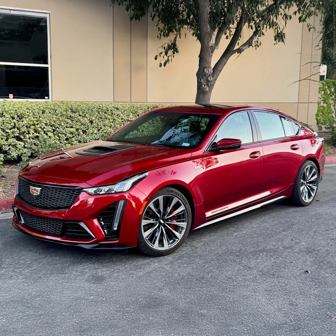 Shiny red Cadillac CT5-V sedan parked on a street with black grille and multi-spoke alloy wheels.