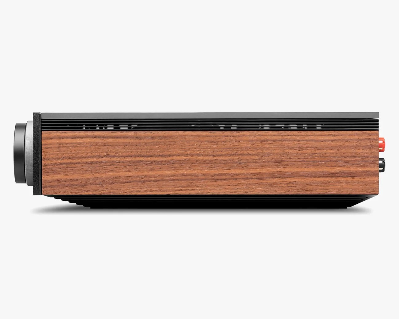 Side view of a rectangular audio amplifier with a wooden panel and black metal casing.
